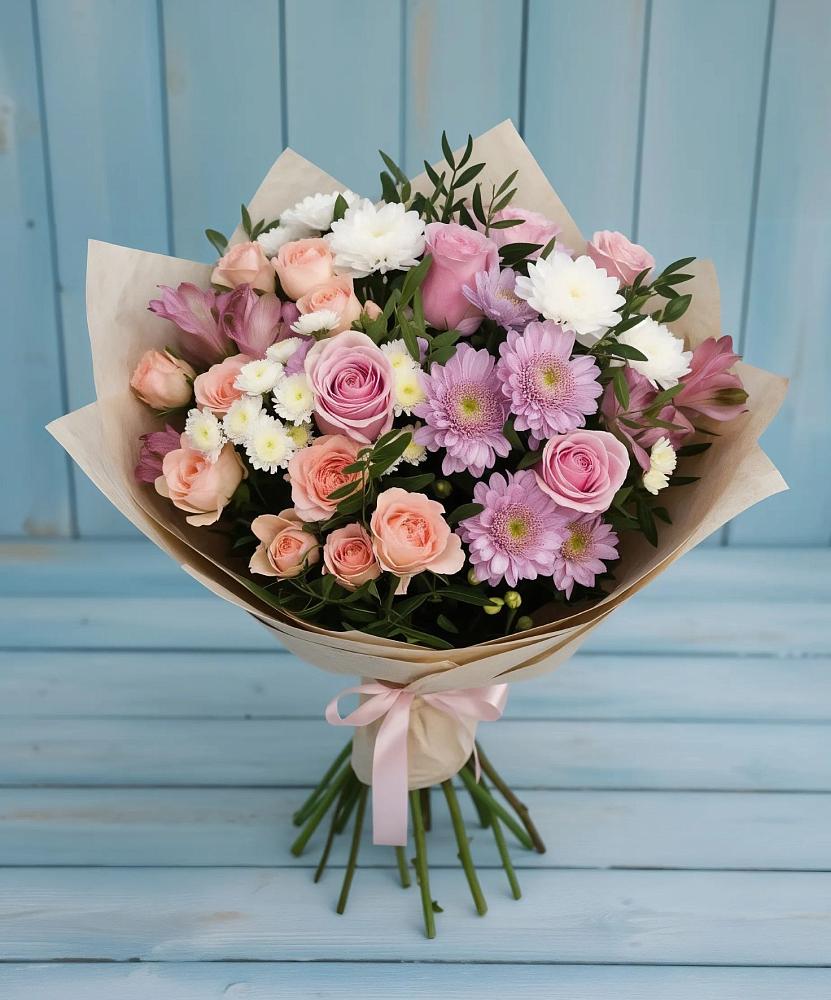 Букет цветов из: Хризантемы, Розы и Альстромерии в Таежный Красноярского края