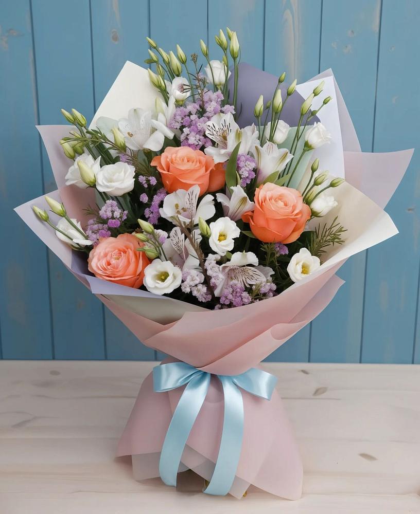 Букет цветов из: Лизиантусы, Розы, Альстромерии и Гипсофила в Таежный Красноярского края