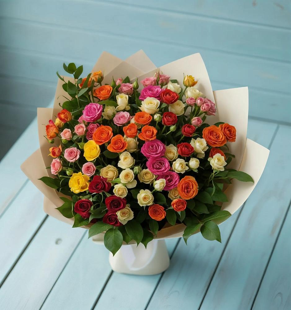 Букет Микс из разноцветных кустовых роз в Таежный Красноярского края