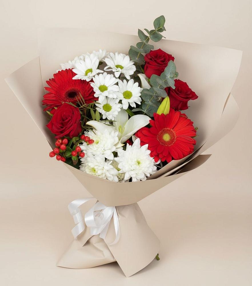 Букет цветов из: Розы, Хризантемы, Герберы и Лилии в Таежный Красноярского края