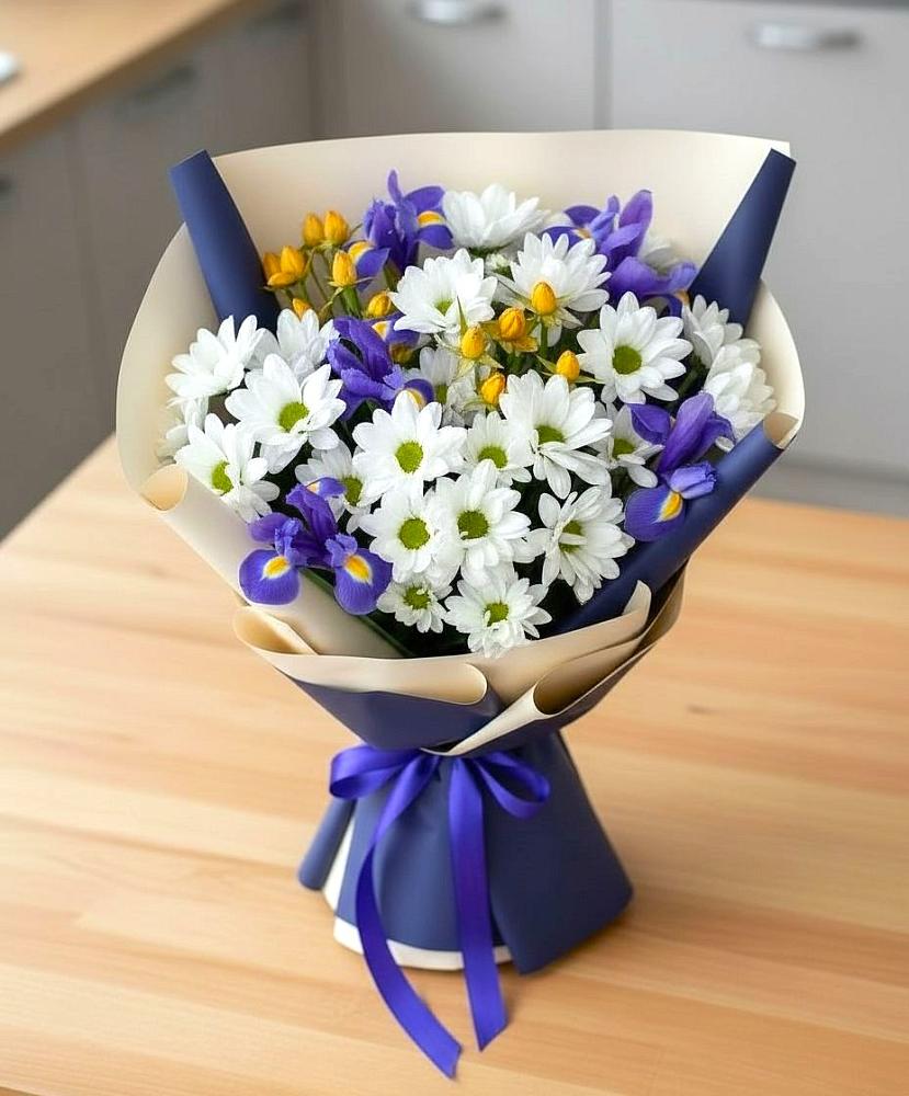 Букет цветов из: Розы, Ирисы и Хризантемы в Таежный Красноярского края