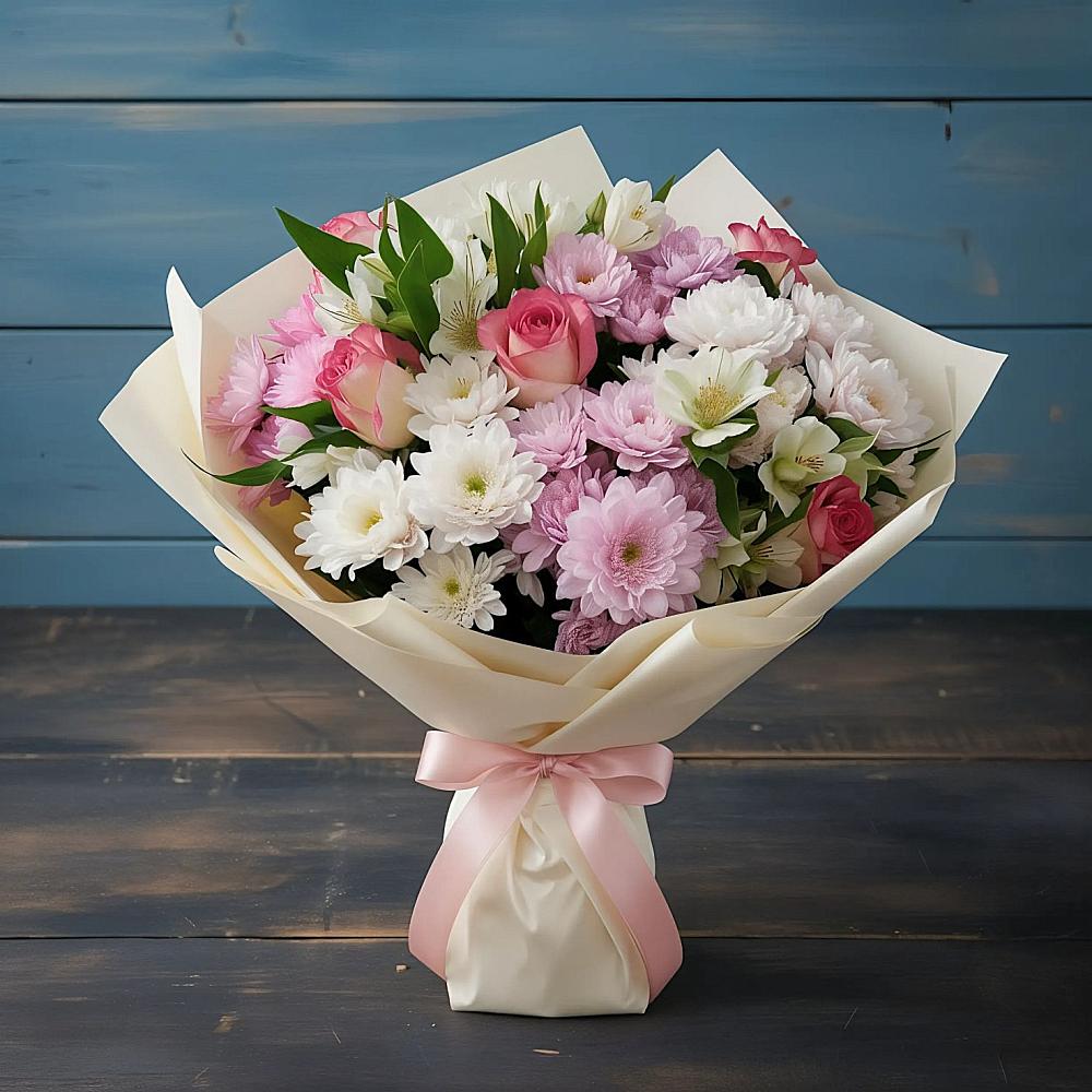 Букет цветов из: Хризантемы, Альстромерии и Розы в Таежный Красноярского края